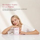 Tan Optimizer Radiance+ skin supplement lifestyle image with Scandinavian-inspired beauty aesthetic