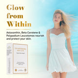 Tan Optimizer Deep Glow supplement with model in white dress on the beach, beauty-from-within skin nourishment concept.