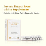 Tan Optimizer Deep Glow blister pack and premium box design shown on a clean luxury background, beauty-from-within skin supplement.