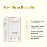Tan Optimizer Deep Glow product box with graphic icons highlighting key beauty and skin-supporting benefits.