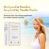 Tan Optimizer Deep Glow supplement with model and Swedish-inspired Nordic purity design theme.