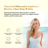 Tan Optimizer Deep Glow supplement box with model and nourished skin