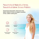 Premium Radiance+ skin supplement with model promoting natural radiant glow