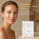 Woman with glowing skin next to a supplement box labeled 'Tan Optimizer Deep Glow' on a neutral background