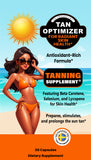 The Swedish Diet Tan Optimizer supplement bottle with 30 capsules for healthy skin and enhanced tanning, Front of box